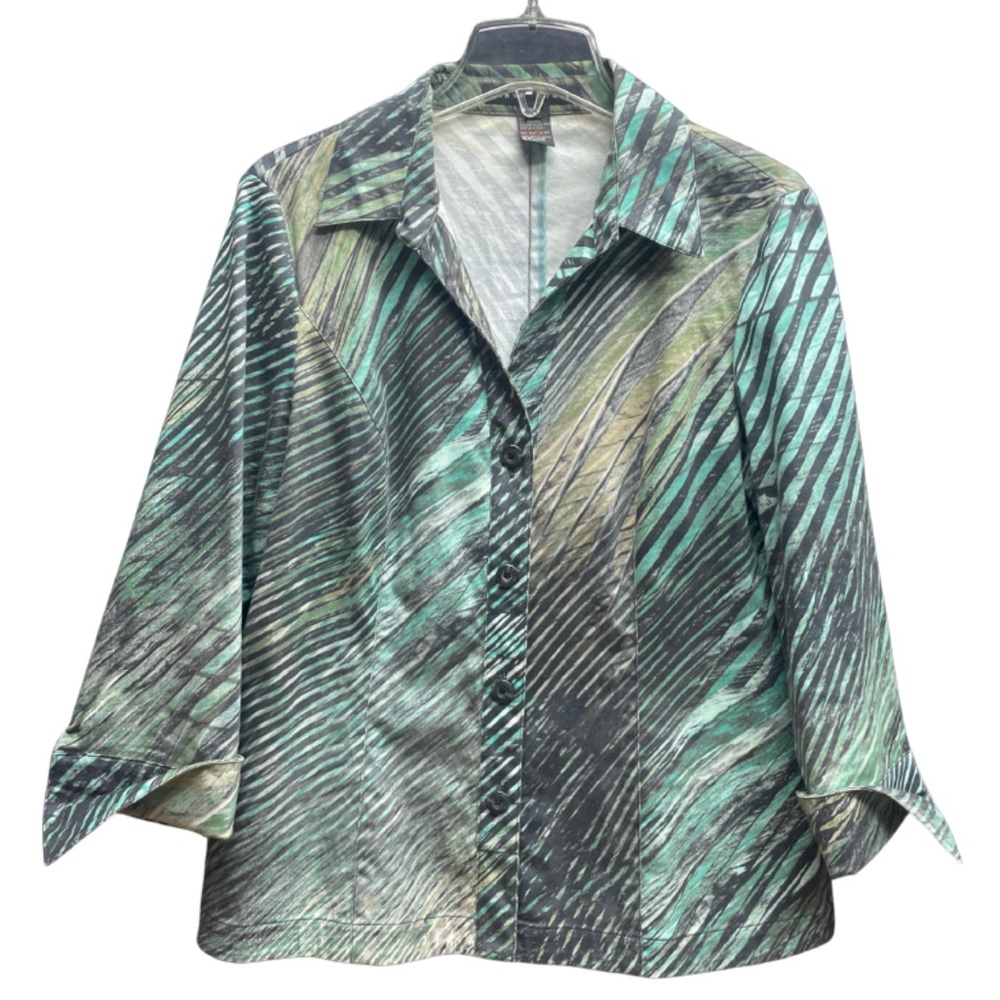 Yansi Fugel Green Black Stripe Cotton Lightweight Button Jacket 3/4 Sleeve Sz L